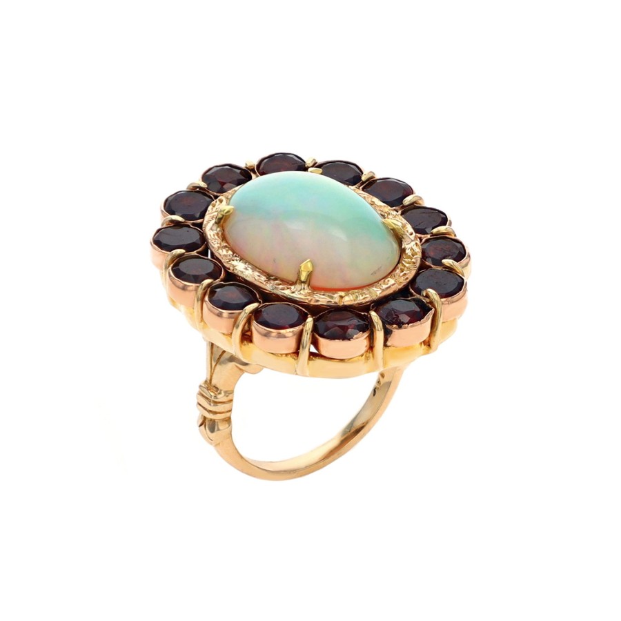 Jewelry Josephs Jewelers Home | Estate 14K Two-Tone Oval Opal And Garnet Halo Ring - Josephs Jewelers Multi