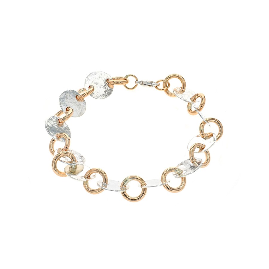 Jewelry Josephs Jewelers Home | Sterling Silver Two-Tone Textured Disc And Ring Link Bracelet - Josephs Jewelers