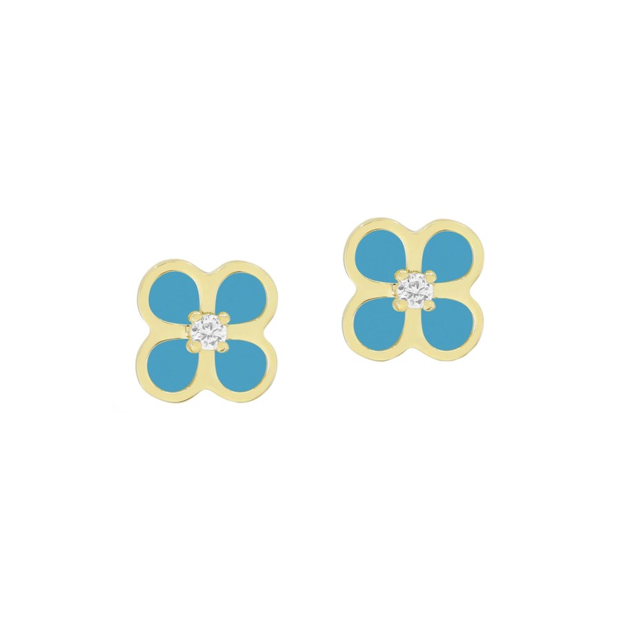 Jewelry Josephs Jewelers Home | 14K Yellow Gold Turquoise And Diamond Flower Earrings Blue