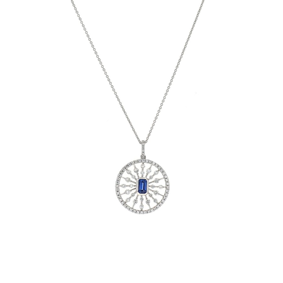 Jewelry Josephs Jewelers Home | 14K White Gold Emerald-Cut Sapphire And Diamond Circle Pendant With Chain - Josephs Jewelers Blue