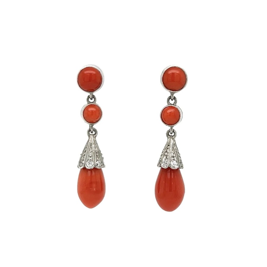 Jewelry Josephs Jewelers Home | Estate Platinum Coral And Diamond Dangle Earrings - Josephs Jewelers Red