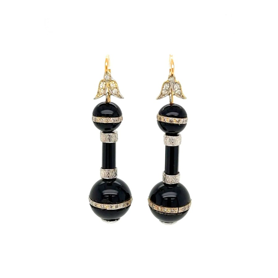 Jewelry Josephs Jewelers Home | Estate 18K Two Tone Onxy And Diamond Drop Earrings - Josephs Jewelers Black