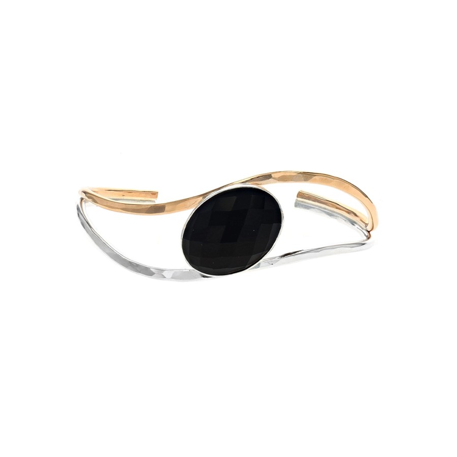 Jewelry Josephs Jewelers Home | Sterling Silver Two-Tone Oval Stone Cuff Bracelet Black