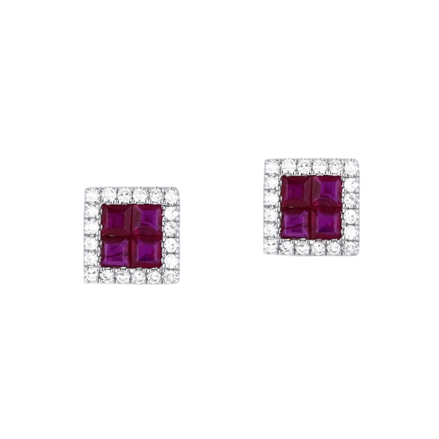 Jewelry Josephs Jewelers Home | 14K White Gold Ruby And Diamond Square Earrings Red