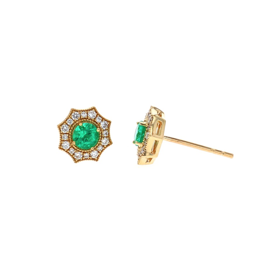 Jewelry Josephs Jewelers Home | 14K Yellow Gold Emerald And Diamond Sun Earrings - Josephs Jewelers Green