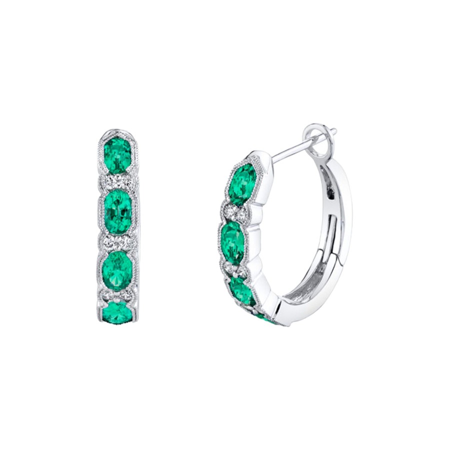 Jewelry Josephs Jewelers Home | 14K White Gold Emerald And Diamond Hoop Earrings Green