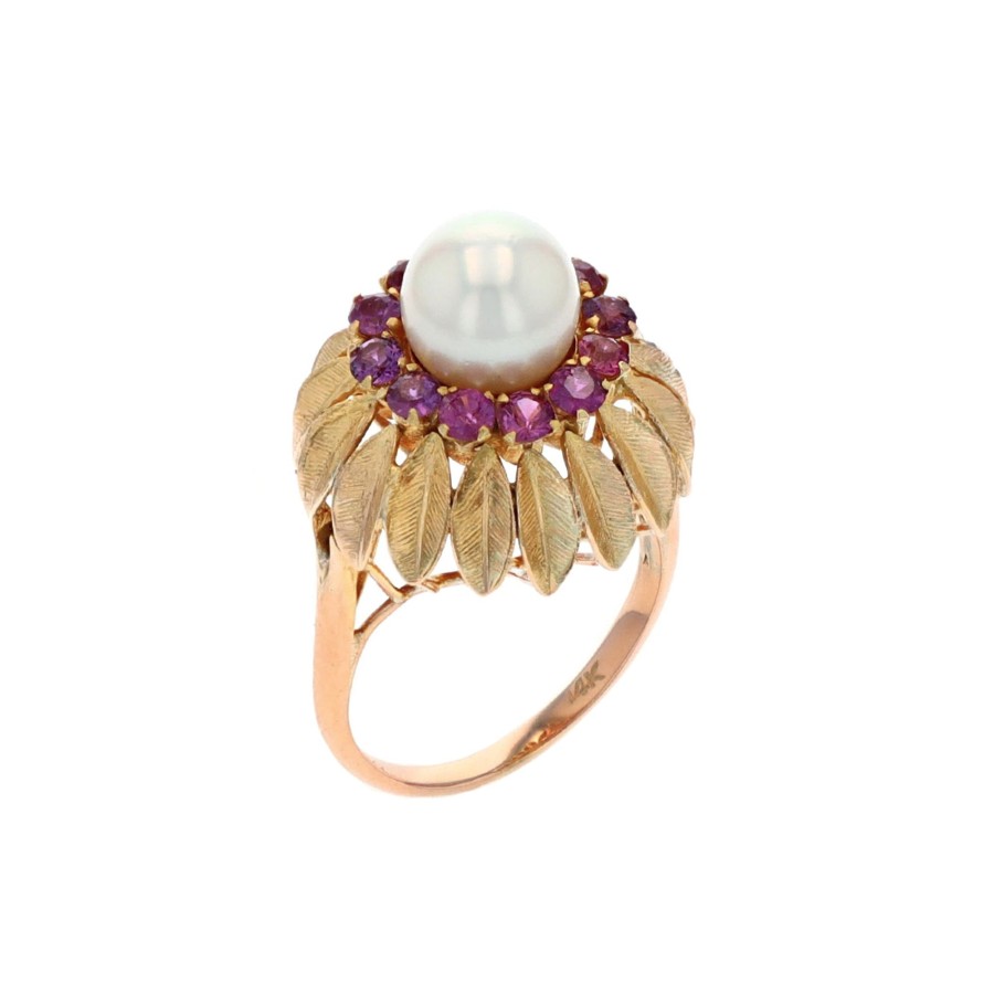 Jewelry Josephs Jewelers Home | Estate 14K Yellow Gold Akoya Pearl And Ruby Ring - Josephs Jewelers Red