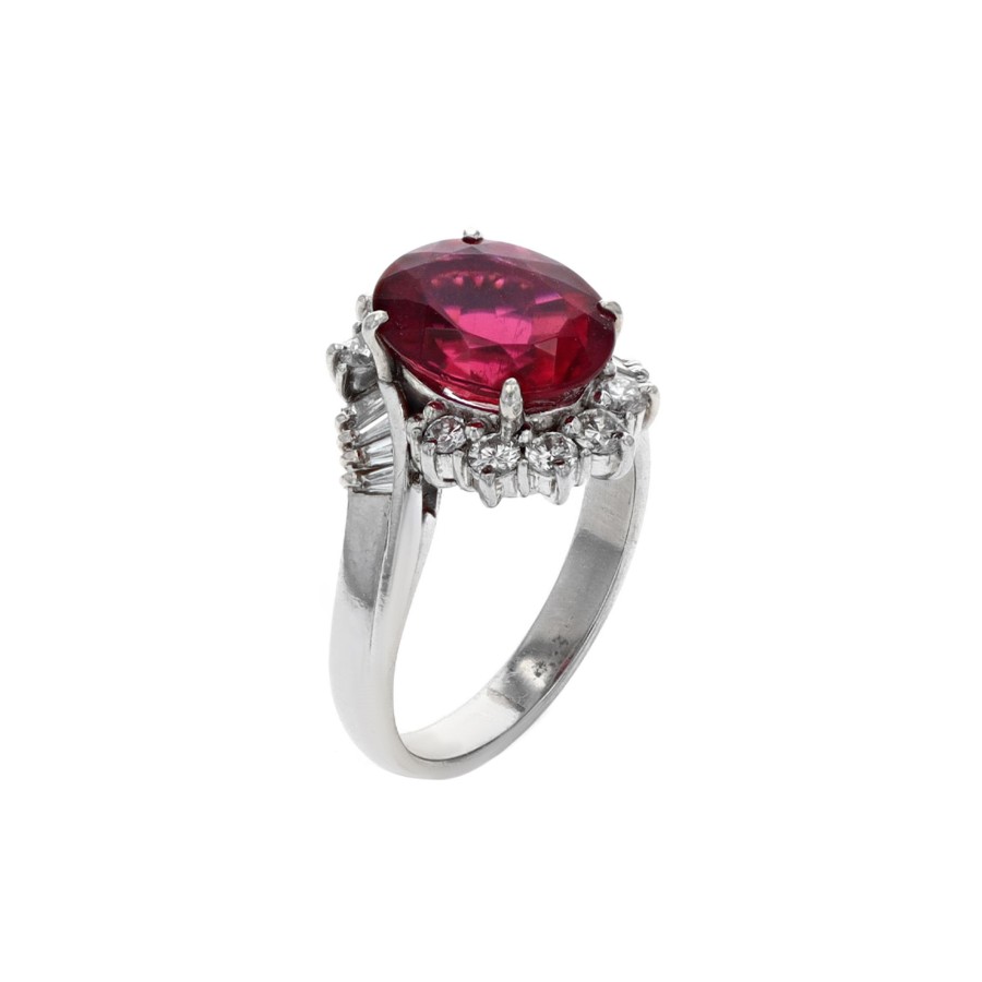 Jewelry Josephs Jewelers Home | Estate Platinum Oval Rubellite Tourmaline And Diamond Ring - Josephs Jewelers Red