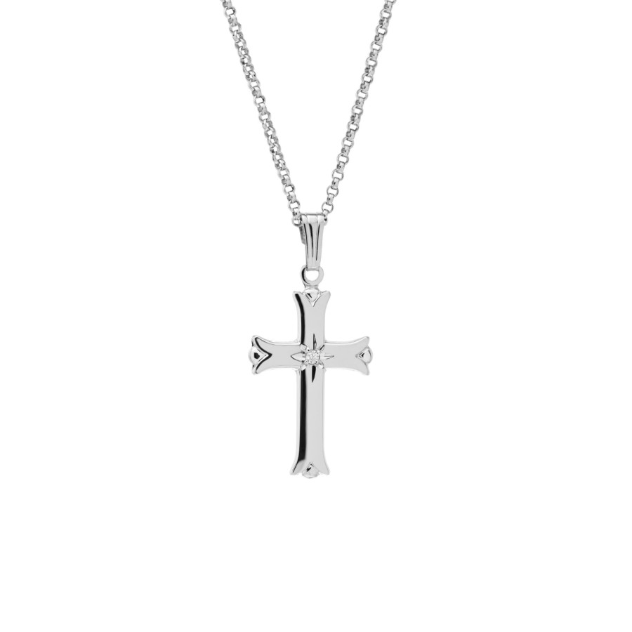 Jewelry Josephs Jewelers Home | Sterling Silver Diamond Flared Cross Pendant With Chain White