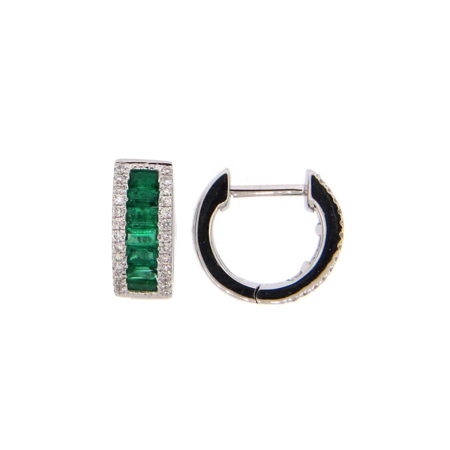 Jewelry Josephs Jewelers Home | 14K White Gold Emerald And Diamond Hoop Earrings Green