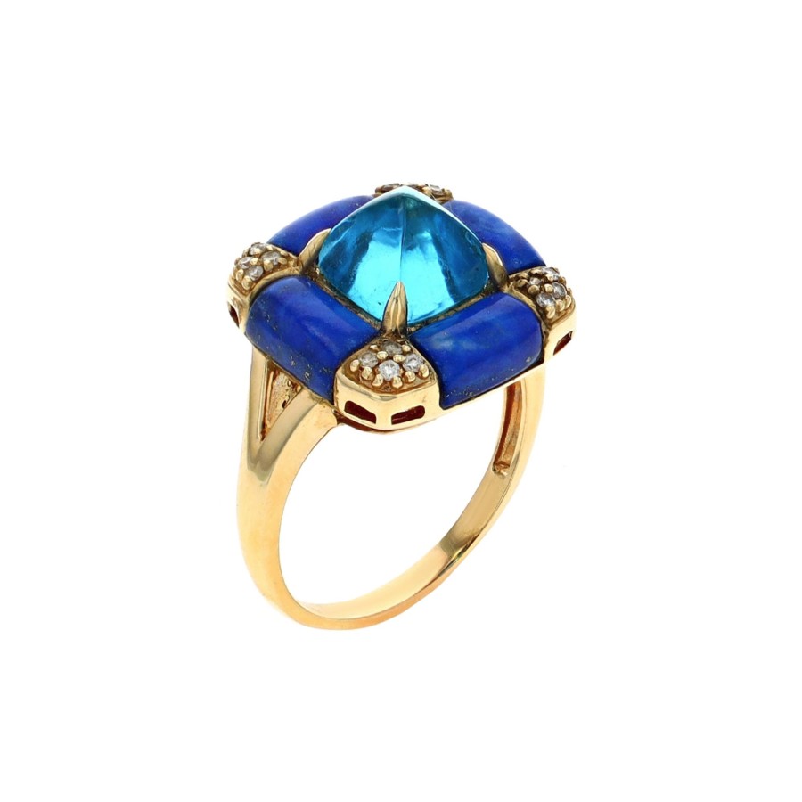 Jewelry Josephs Jewelers Home | Estate 14K Yellow Gold Sugarloaf Topaz, Lapis, And Diamond Ring Blue