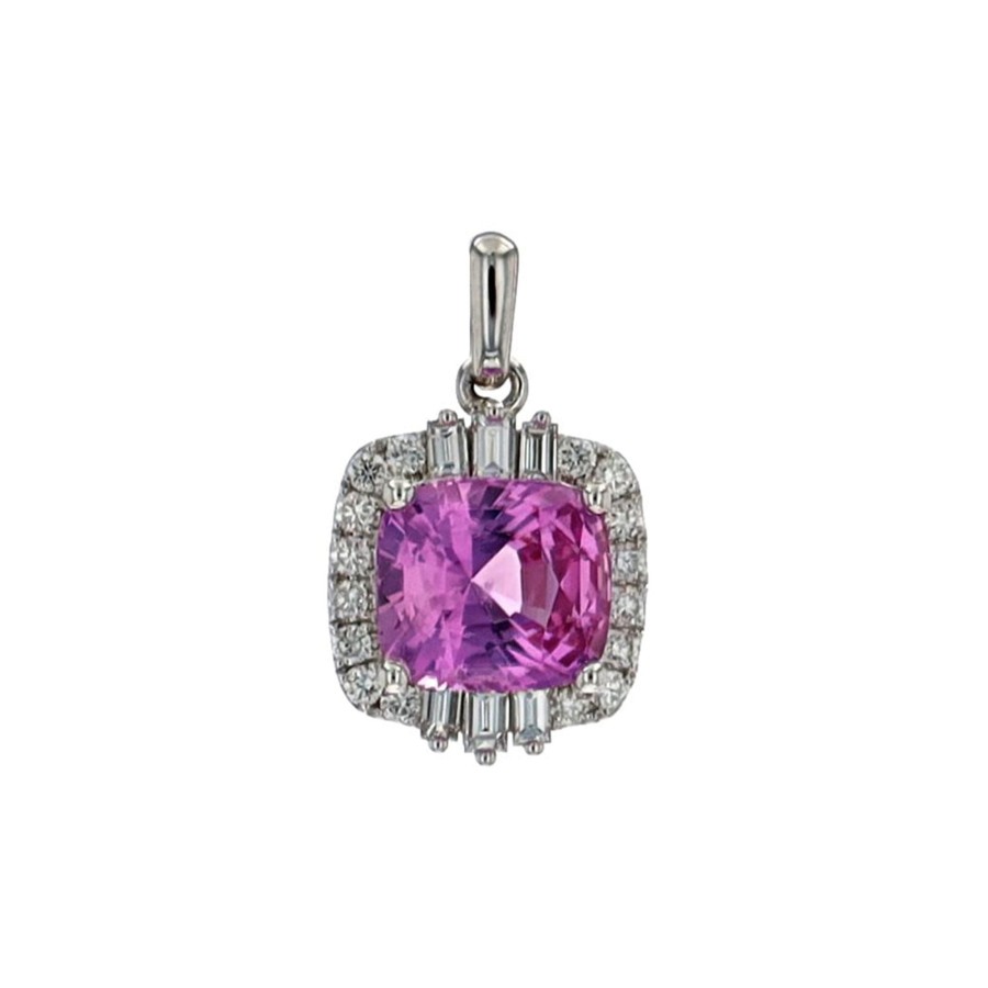 Jewelry Josephs Jewelers Home | 14K White Gold Cushion Sapphire And Diamond Pendant - Josephs Jewelers Pink