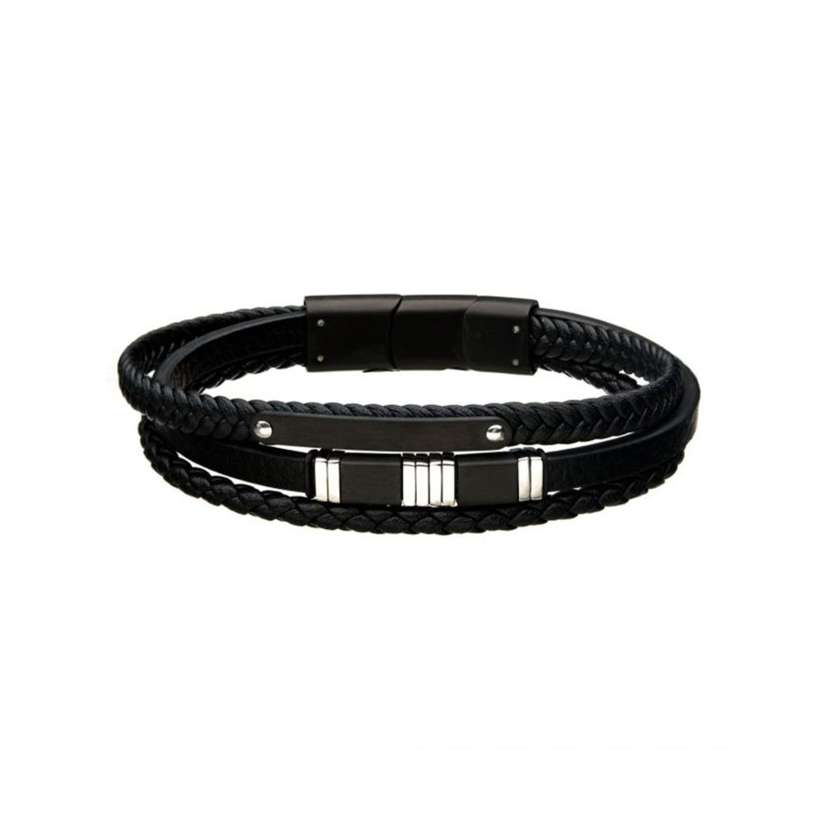 Jewelry Josephs Jewelers Home | Stainless Steel And Leather Bar Bracelet Black