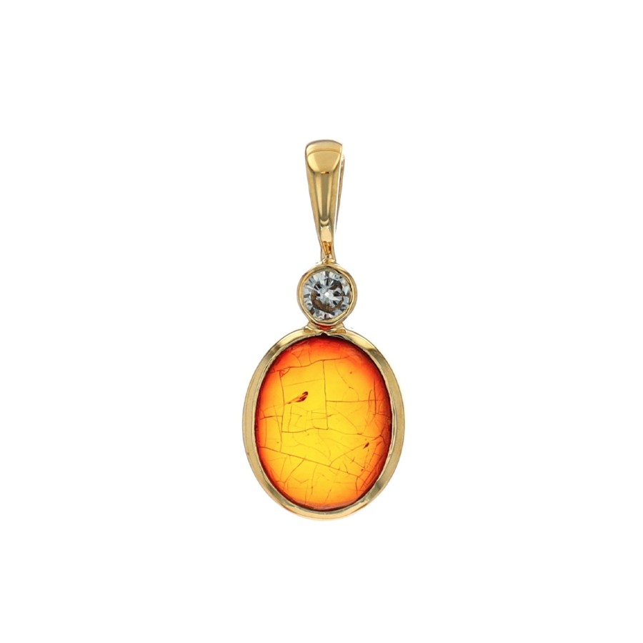 Jewelry Josephs Jewelers Home | 14K Yellow Gold Oval Amber And Diamond Pendant Orange