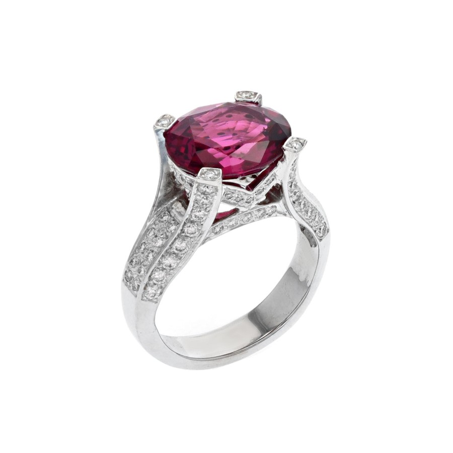 Jewelry Josephs Jewelers Home | Estate 18K White Gold Oval Rhodolite And Diamond Ring Pink