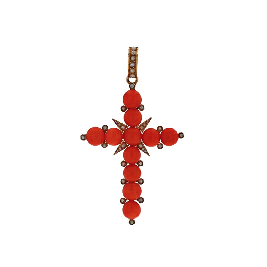 Jewelry Josephs Jewelers Home | Estate 18K Yellow Gold Victorian French Coral And Seed Pearl Cross Pendant Orange