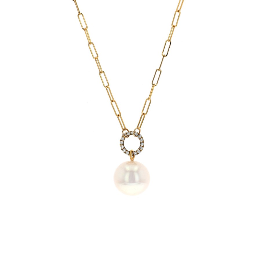 Jewelry Josephs Jewelers Home | 18K Yellow Gold Freshwater Pearl And Diamond Paperclip Necklace - Josephs Jewelers White