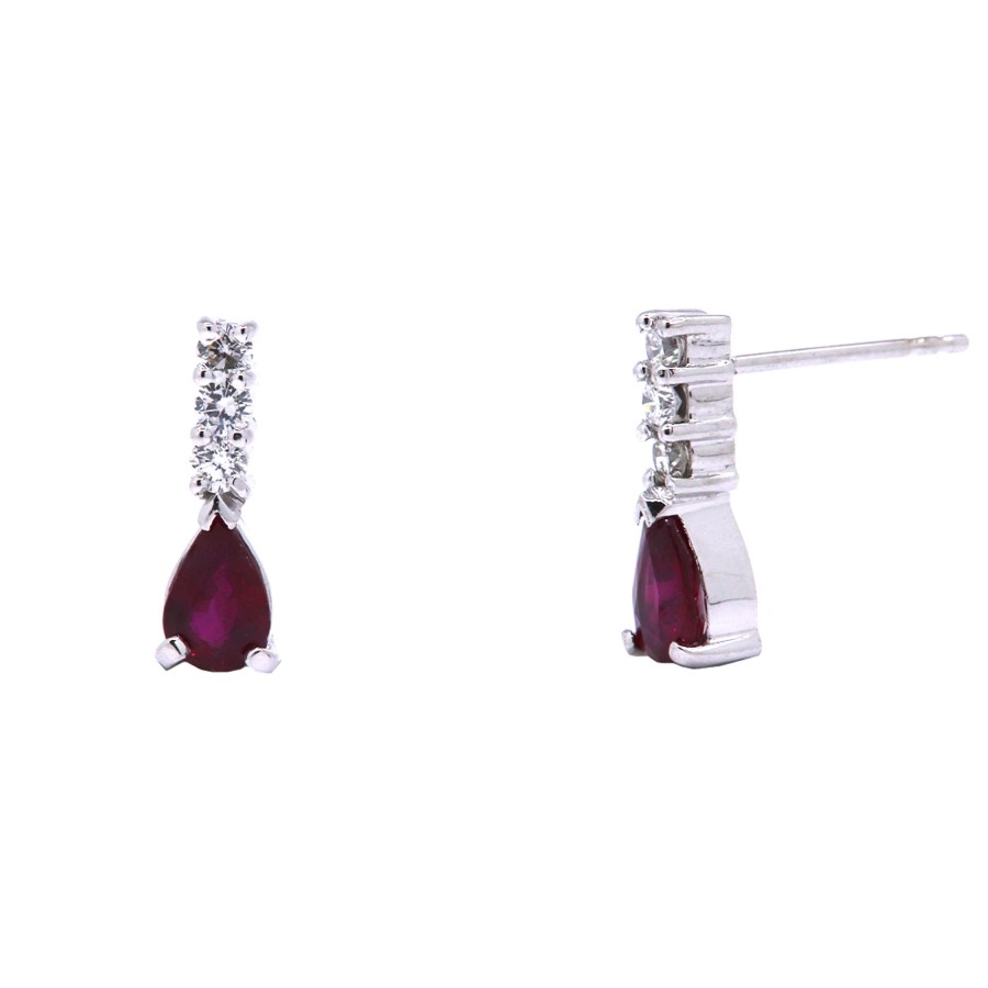 Jewelry Josephs Jewelers Home | 14K White Gold Pear Ruby And Diamond Dangle Earrings Red