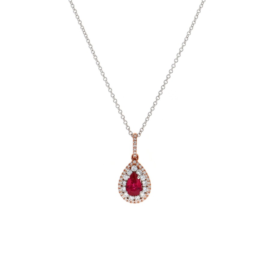 Jewelry Josephs Jewelers Home | 18K Two-Tone Pear Ruby And Diamond Halo Pendant With Chain - Josephs Jewelers Red