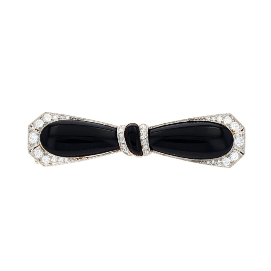 Jewelry Josephs Jewelers Home | Platinum Art Deco Black Onyx & Diamond Bow Pin Multi