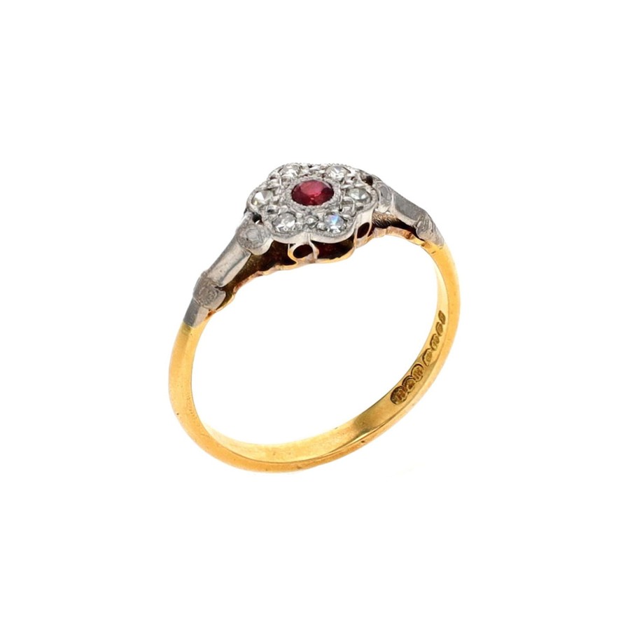 Jewelry Josephs Jewelers Home | Estate 18K Two-Tone Ruby And Diamond Cluster Ring Red