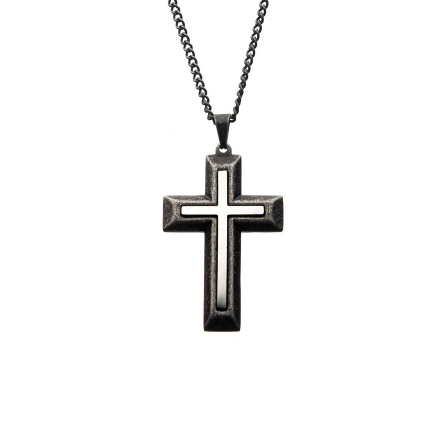 Jewelry Josephs Jewelers Home | Stainless Steel Antique Double Layer Cross Pendant With Chain Black