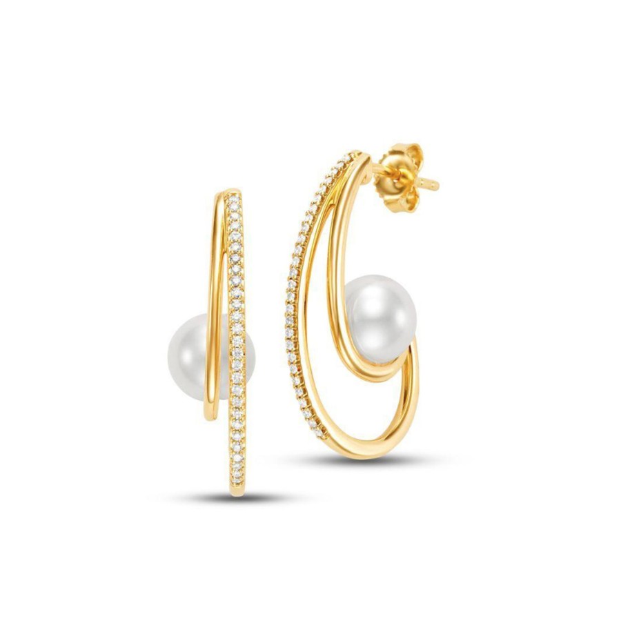 Jewelry Josephs Jewelers Home | 14K Yellow Gold Diamond And Pearl Hoops White