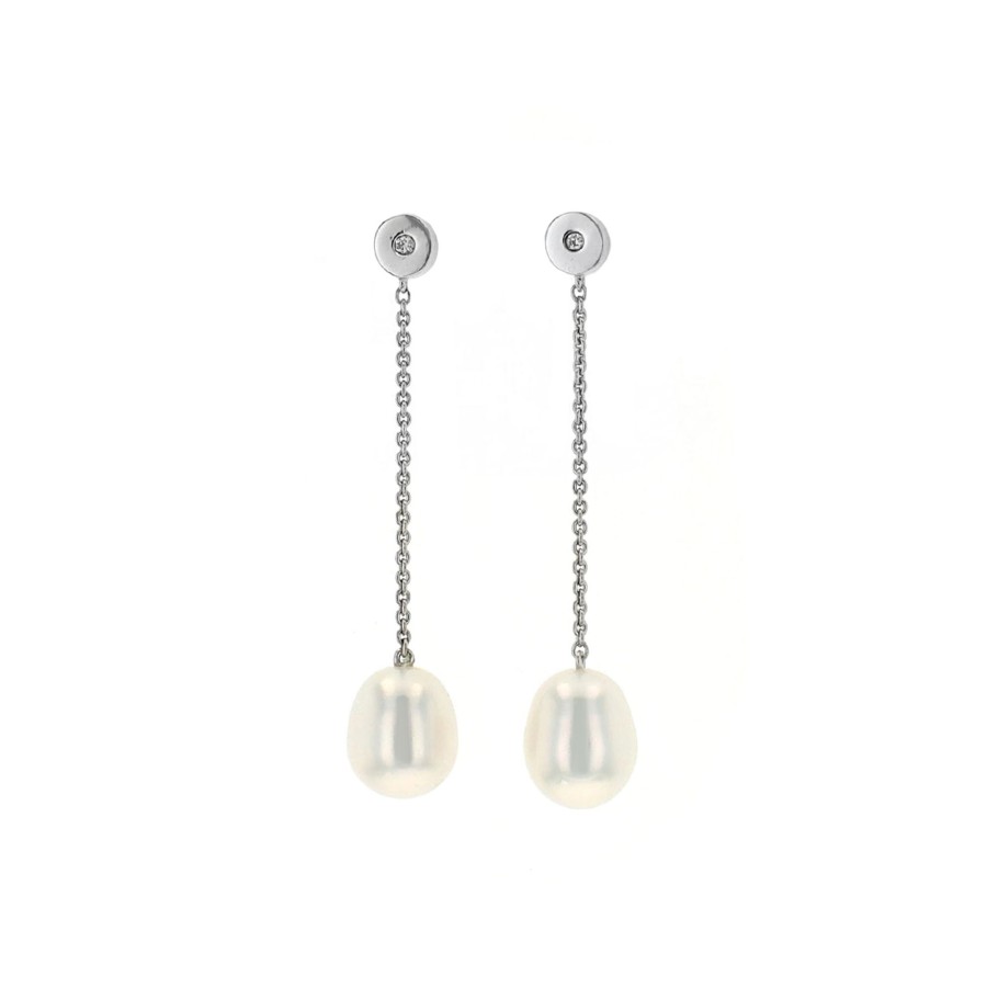 Jewelry Josephs Jewelers Home | Sterling Silver Freshwater Pearl And Diamond Drop Earrings - Josephs Jewelers White