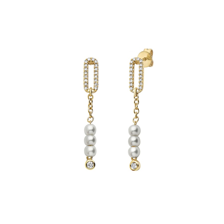 Jewelry Josephs Jewelers Home | 14K Yellow Gold Freshwater Pearl And Diamond Dangle Earrings - Josephs Jewelers White