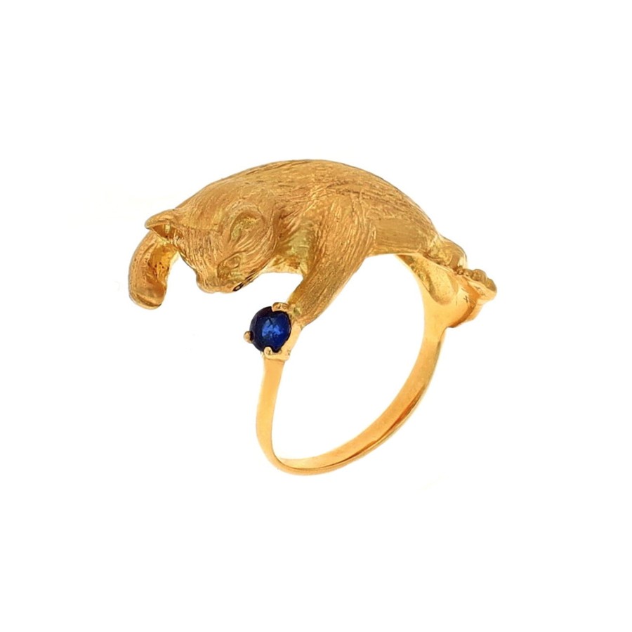 Jewelry Josephs Jewelers Home | Estate 18K Yellow Gold Brushed 3D Cat Ring - Josephs Jewelers Blue