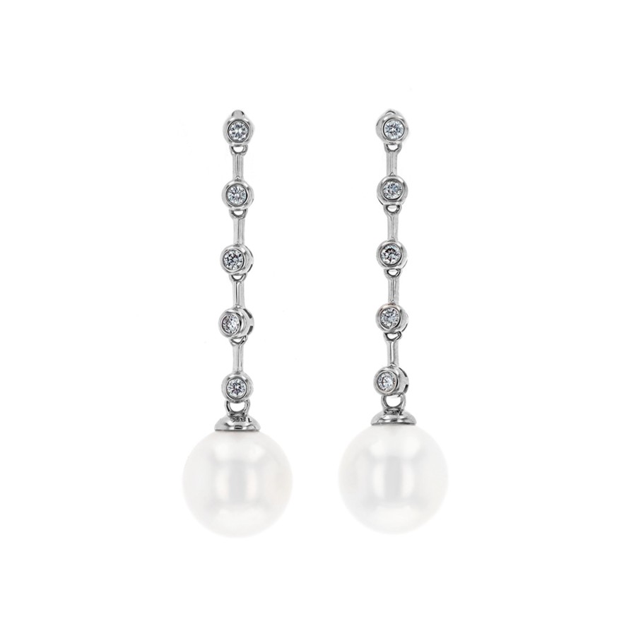 Jewelry Josephs Jewelers Home | 18K Gold Diamond Bezel And Pearl Dangle Earrings - Josephs Jewelers White