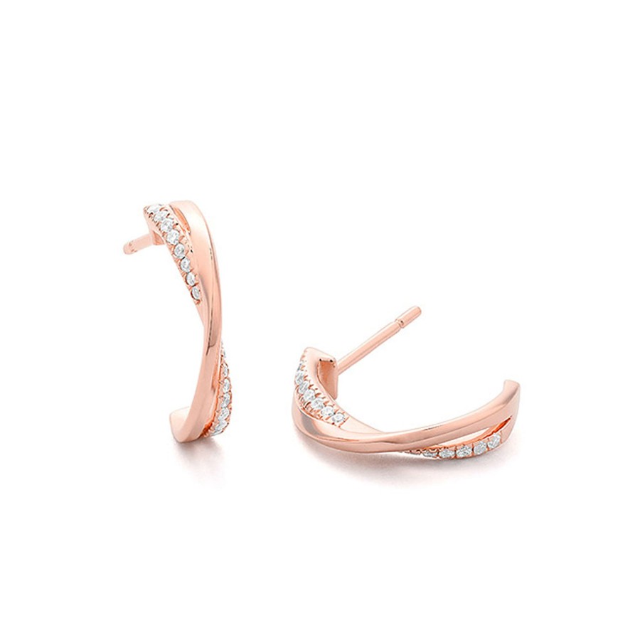 Jewelry Josephs Jewelers Home | 14K Rose Gold Small Half-Hoop Earrings With Diamonds White