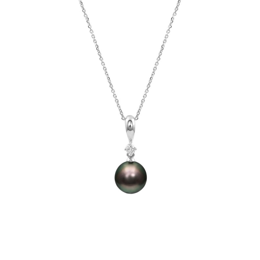 Jewelry Josephs Jewelers Home | 14K White Gold Tahitian Pearl And Diamond Pendant With Chain - Josephs Jewelers Black