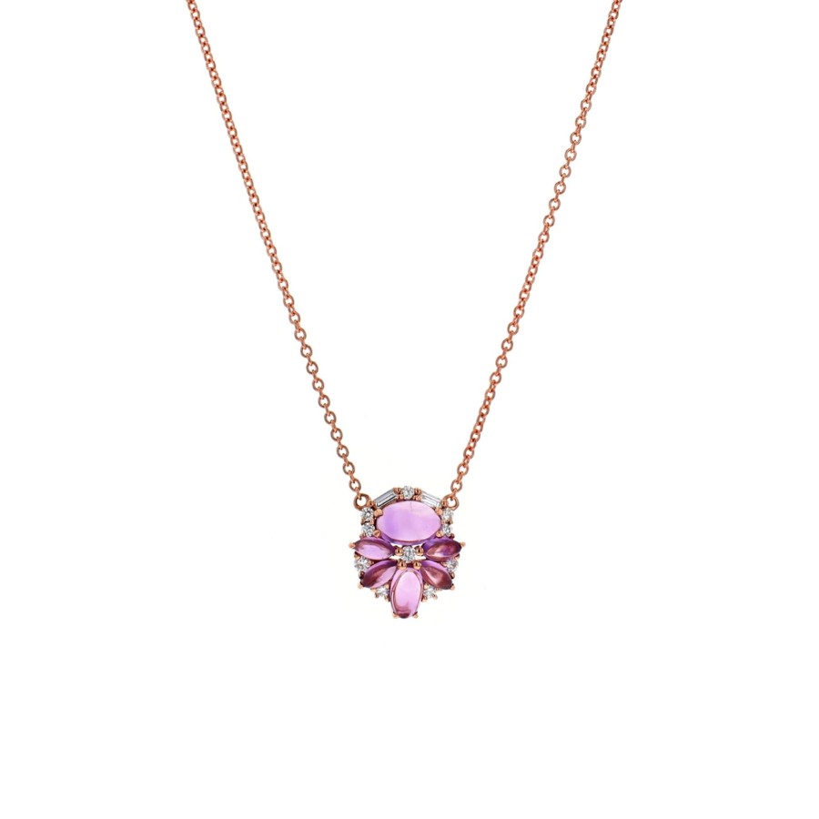 Jewelry Josephs Jewelers Home | 14K Rose Gold Amethyst And Diamond Flower Necklace - Josephs Jewelers Purple