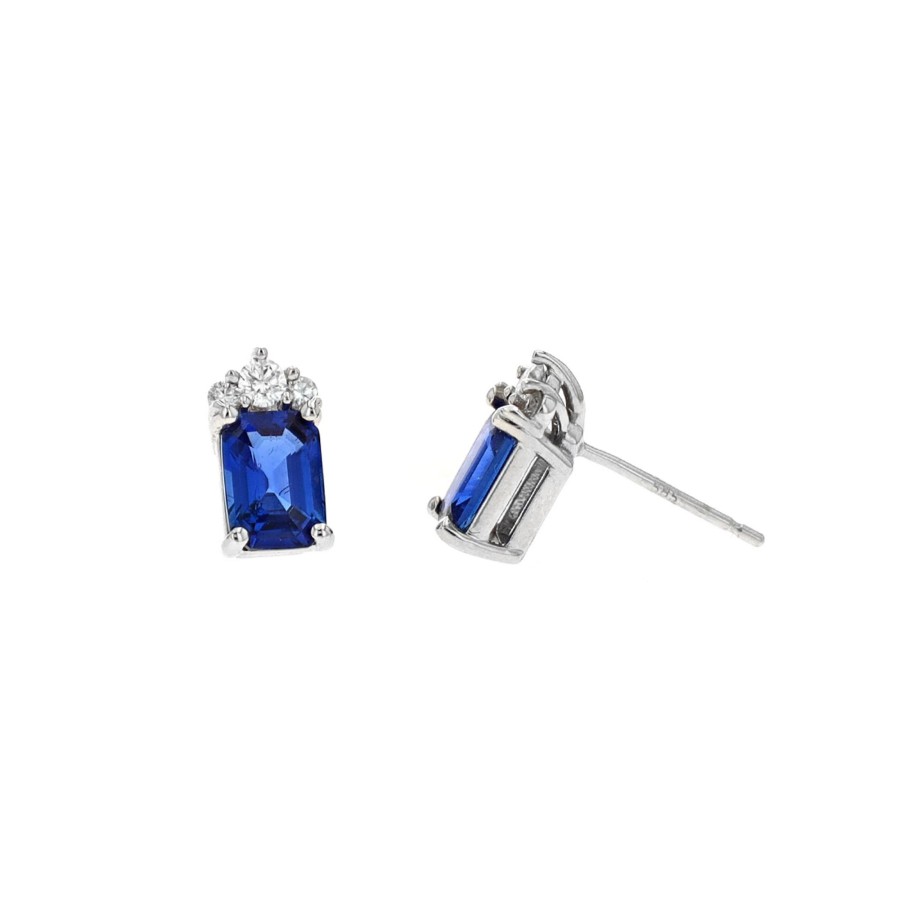 Jewelry Josephs Jewelers Home | 14K White Gold Emerald-Cut Sapphire And Diamond Earrings - Josephs Jewelers Blue