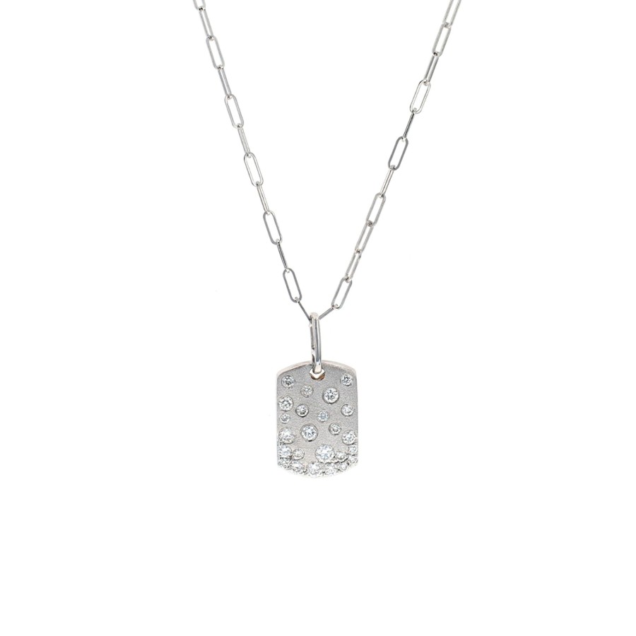 Jewelry Josephs Jewelers Home | 14K Gold Diamond Dog Tag Pendant With Paperclip Chain White