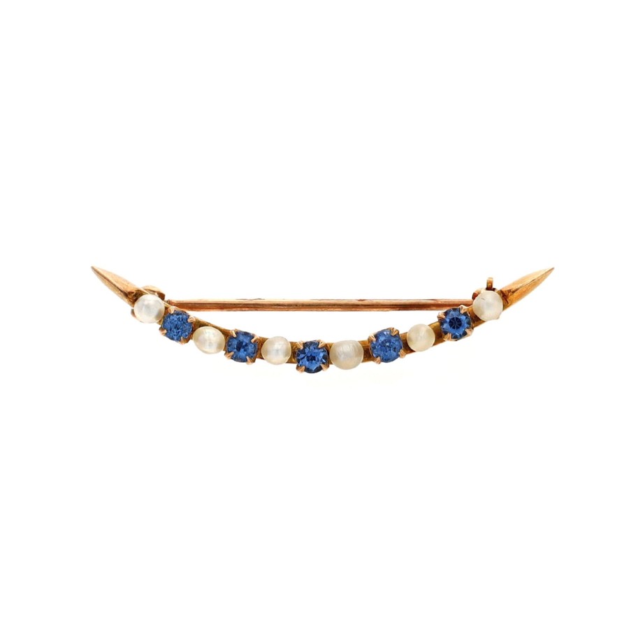 Jewelry Josephs Jewelers Home | Estate 14K Yellow Gold Pearl And Sapphire Brooch Blue