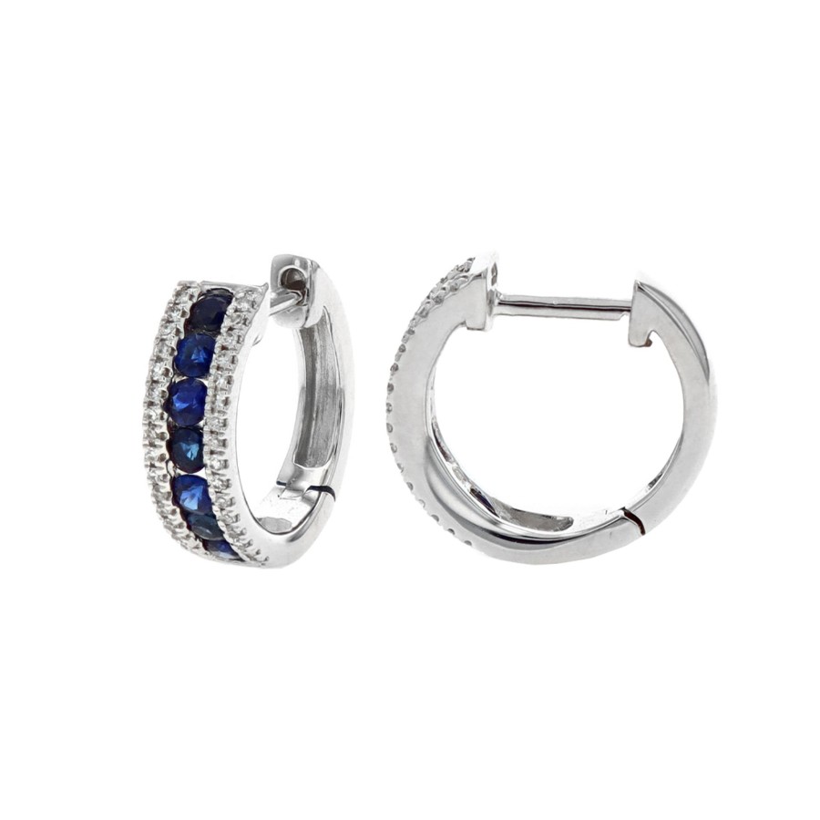 Jewelry Josephs Jewelers Home | 14K White Gold Sapphire And Diamond Hoop Earrings Blue