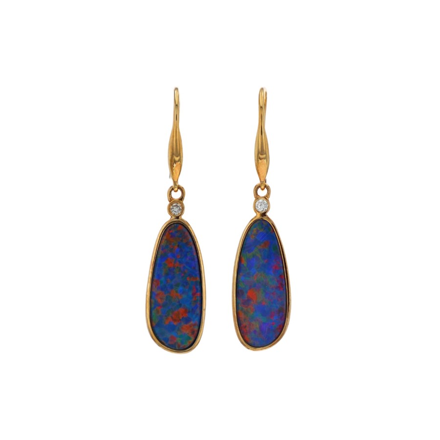 Jewelry Josephs Jewelers Home | 14K Yellow Gold Opal Doublet And Diamond Dangle Earrings Multi