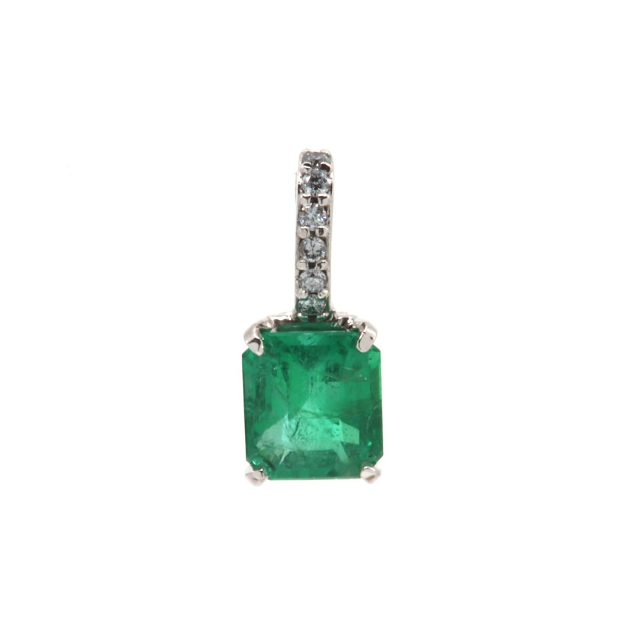 Jewelry Josephs Jewelers Home | 14K White Gold Emerald Pendant With Diamond Bail Green