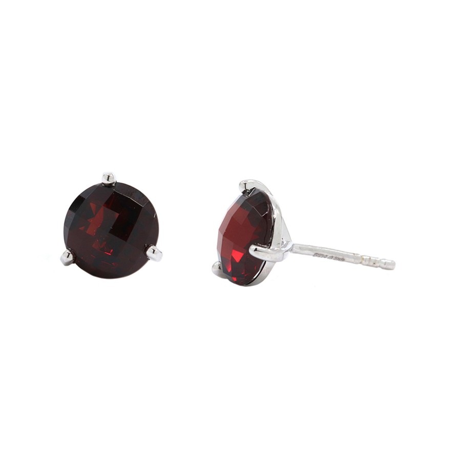 Jewelry Josephs Jewelers Home | 14K White Gold Checkerboard Garnet Stud Earrings Red