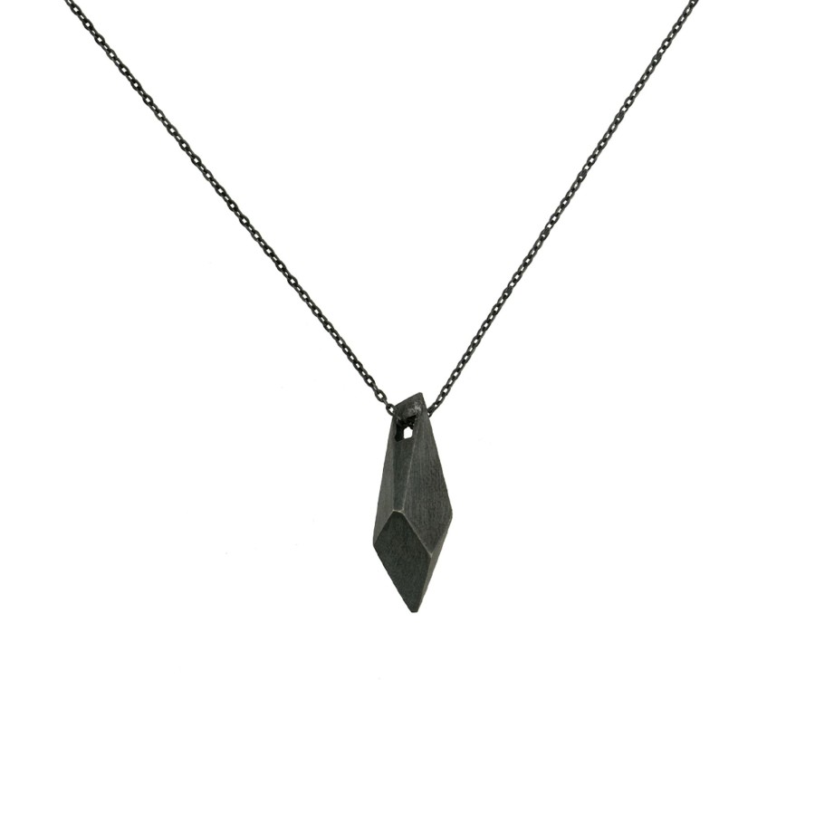 Jewelry Josephs Jewelers Home | Oxidized Sterling Silver Brush Edge Geometrical Pendant With Chain - Josephs Jewelers Black