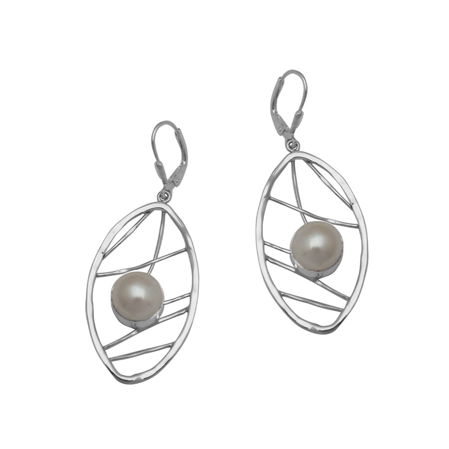 Jewelry Josephs Jewelers Home | Sterling Silver Freshwater Pearl Leaf Earrings White