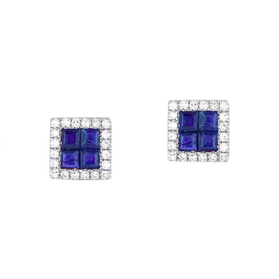 Jewelry Josephs Jewelers Home | 14K White Gold Sapphire And Diamond Square Earrings Blue