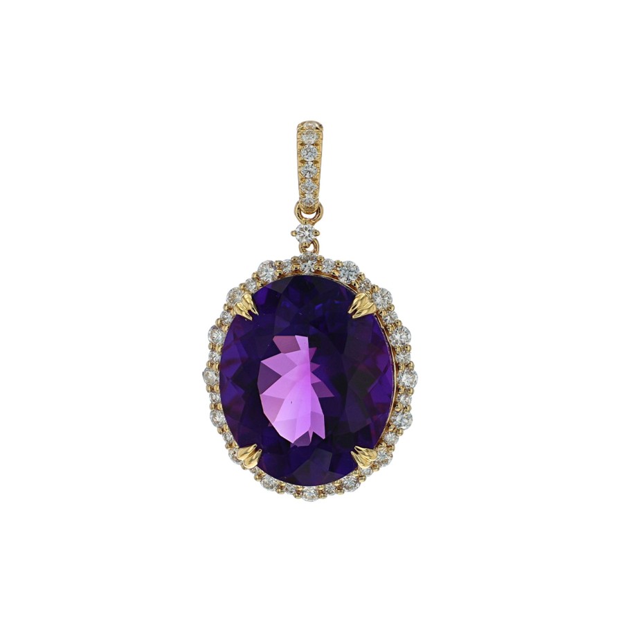 Jewelry Josephs Jewelers Home | 14K Yellow Gold Oval Amethyst And Diamond Pendant Purple