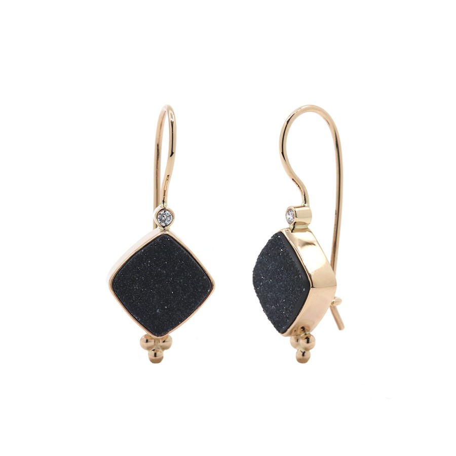 Jewelry Josephs Jewelers Home | 14K Yellow Gold Drusy And Diamond Wire Earrings Black