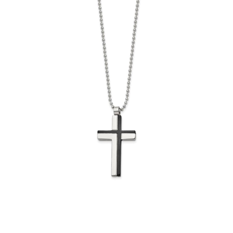 Jewelry Josephs Jewelers Home | Stainless Steel And Lasercut Cross Pendant With Chain - Josephs Jewelers Black