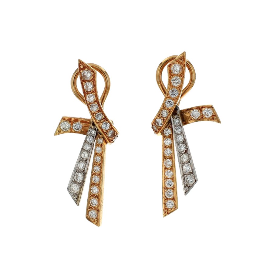 Jewelry Josephs Jewelers Home | Estate 14K Two-Tone Diamond Ribbon Earrings - Josephs Jewelers White