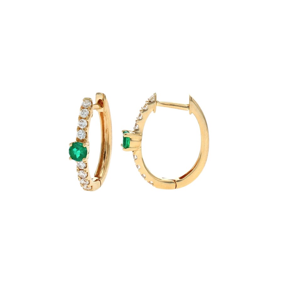 Jewelry Josephs Jewelers Home | 14K Yellow Gold Single Emerald And Diamond Hoop Earrings - Josephs Jewelers Green