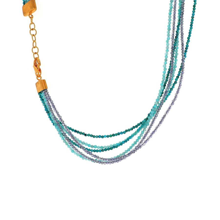 Jewelry Josephs Jewelers Home | Gold Plated Sterling Silver 6-Strand Multi-Gem Bead Necklace Blue